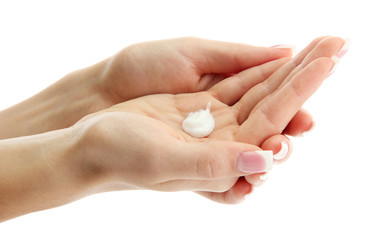 Beautiful woman hands with cream, isolated on white
