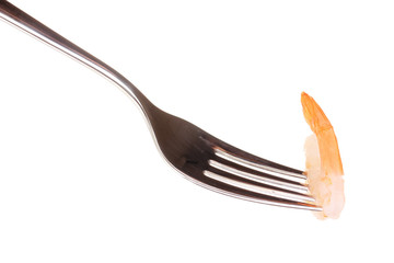 Shrimp on a fork isolated on white