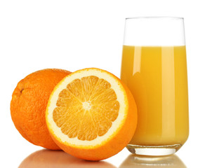 Delicious orange juice in glass and oranges next to it isolated