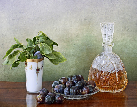 Slivovitz Crystal Bottle And Plums