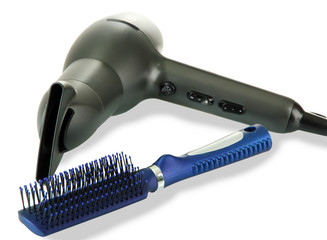 hair dryer and comb brush, isolated on white