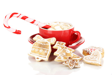 Obraz na płótnie Canvas Cup of coffee with Christmas sweetness isolated on white
