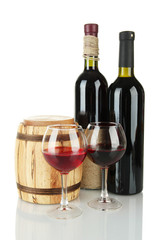 Red wine with wooden barrel isolated on  white