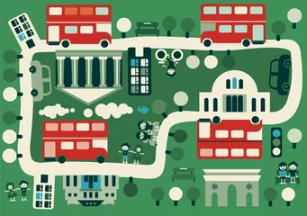 Deurstickers Stratenplan cartoon kaart van Londen met dubbeldekker