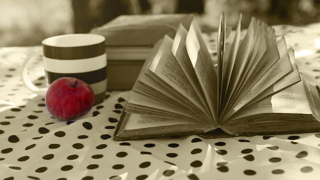 Wind turn old Book Pages on the table in sepia colors