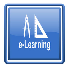 e-learning blue glossy square web icon isolated