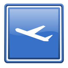airplane blue glossy square web icon isolated