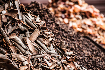 Traditional spices and dry fruits in local bazaar in India.