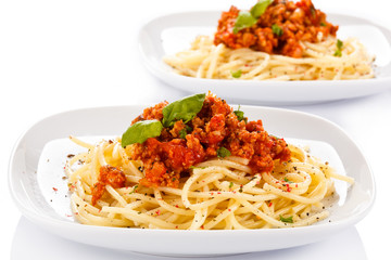 Pasta with meat, sauce and vegetables