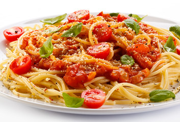 Pasta with meat, tomato sauce, parmesan and vegetables