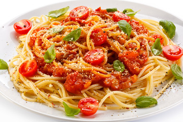 Pasta with meat, tomato sauce, parmesan and vegetables