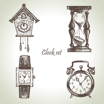 Hand drawn set of clocks and watches
