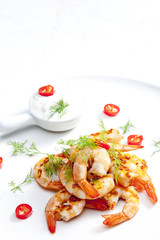 grilled prawns with dip of garlic, chilli and dill