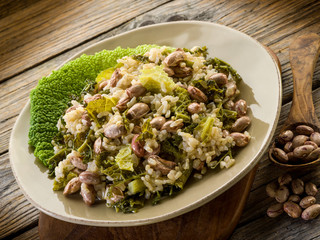 risotto with savoy cabbage and beans, vegetarian food