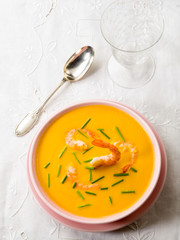 pumpkin soup with shrimp and chive