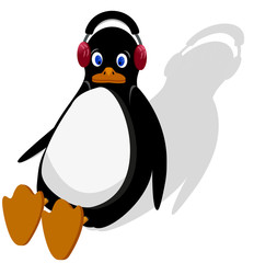 penguin is sitting and listening to music on headphones.EPS10