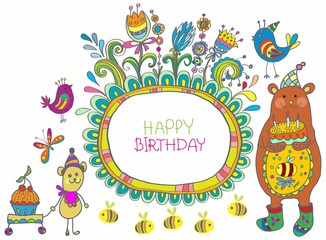 Obraz premium Happy birthday cartoon card