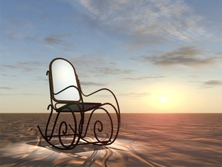 Conceptual armchair standing in dessert at sunset