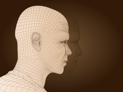 3D man head made of beige wireframe isolated on brown