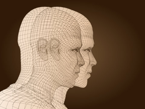 3D man head made of beige wireframe isolated on brown