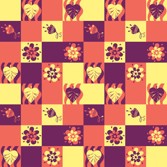 Seamless patchwork pattern with leaves and flowers