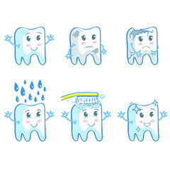 Set of six illustrations with teeth in funny cartoon style