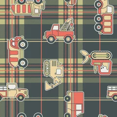 Washable wall murals On the street CuteTrucks with tartan background - seamless pattern