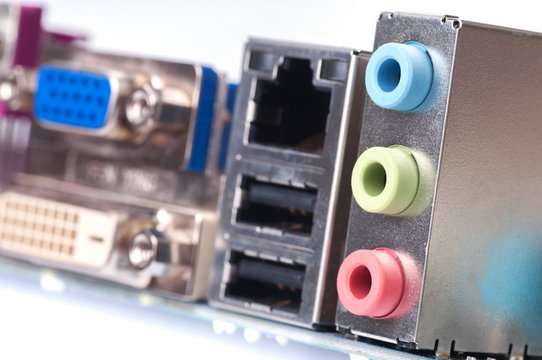 back panel connectors of the modern computer motherboard