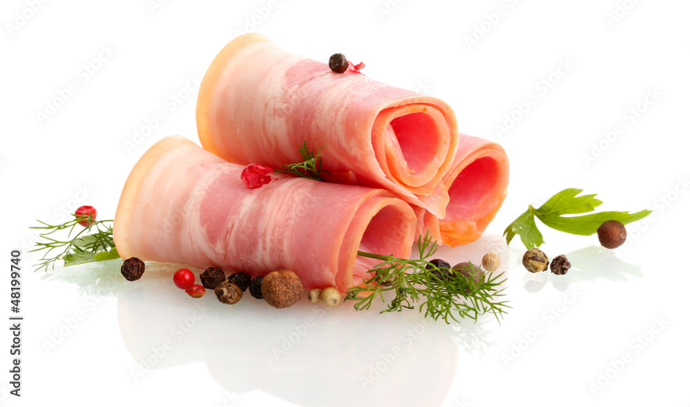 Poster tasty bacon with spices, isolated on white