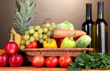 Composition with vegetables and fruits in wicker basket