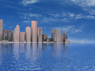 Fototapeta na wymiar 3D abstract modern city on beautiful seascape