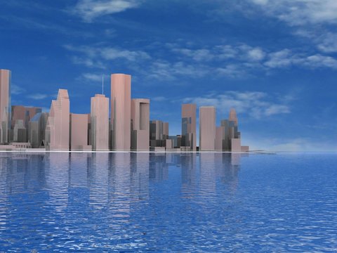 3D abstract modern city on beautiful seascape