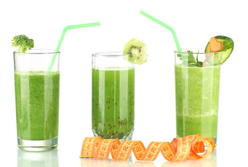 Three kinds of green juice isolated on white