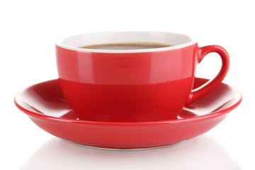 A red cup of strong coffee isolated on white