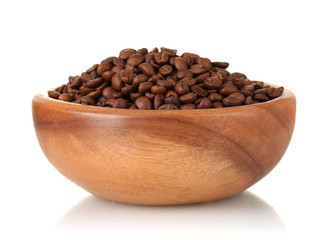 Coffee beans in wooden bowl isolated on white