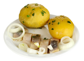 Dish of herring and potatoes on plate isolated on white