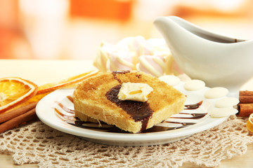 White bread toast with chocolate on plate in cafe