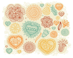 Set of doodle hearts and flowers