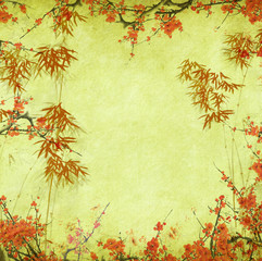 plum blossom and bamboo on old antique paper texture