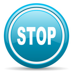 stop blue glossy icon on white background