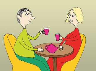 Romantic  couple of people  sitting in a cafe drinking coffee. C