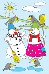 Obraz na płótnie Canvas Two snowman standing in the snow. Cartoon
