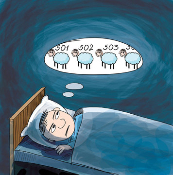 Insomnia. Man counting sheep. Cartoon illustration.