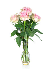 Bouquet of pink roses in a vase, isolated on white