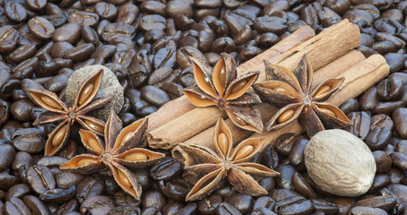 Detail image of coffee beans, cinnamon sticks, sar anise and nut