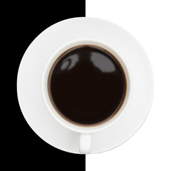 Highly stylised image of coffee cup and saucer on black and whit