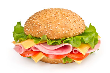 bun with ham, cheese and tomato isolated on white background