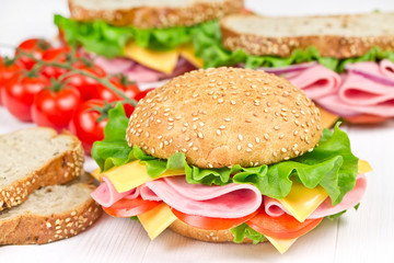 bun and sandwiches with ham