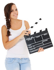 Attraktives Mädchen hält Filmklappe