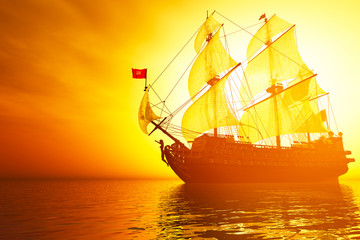 Old Battleship in the Sea in the Sunset Sunrise © boscorelli